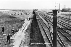 View from footbridge at Tayport South signal box looking towards East Common with Edinburgh rail track leading past the industrial area