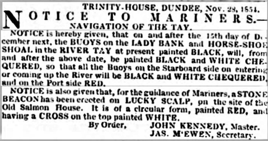 Tayport Heritage Trail - Board 19 - November 1854 Trinity House Dundee notification of erection of Lucky Tower for guidance of mariners