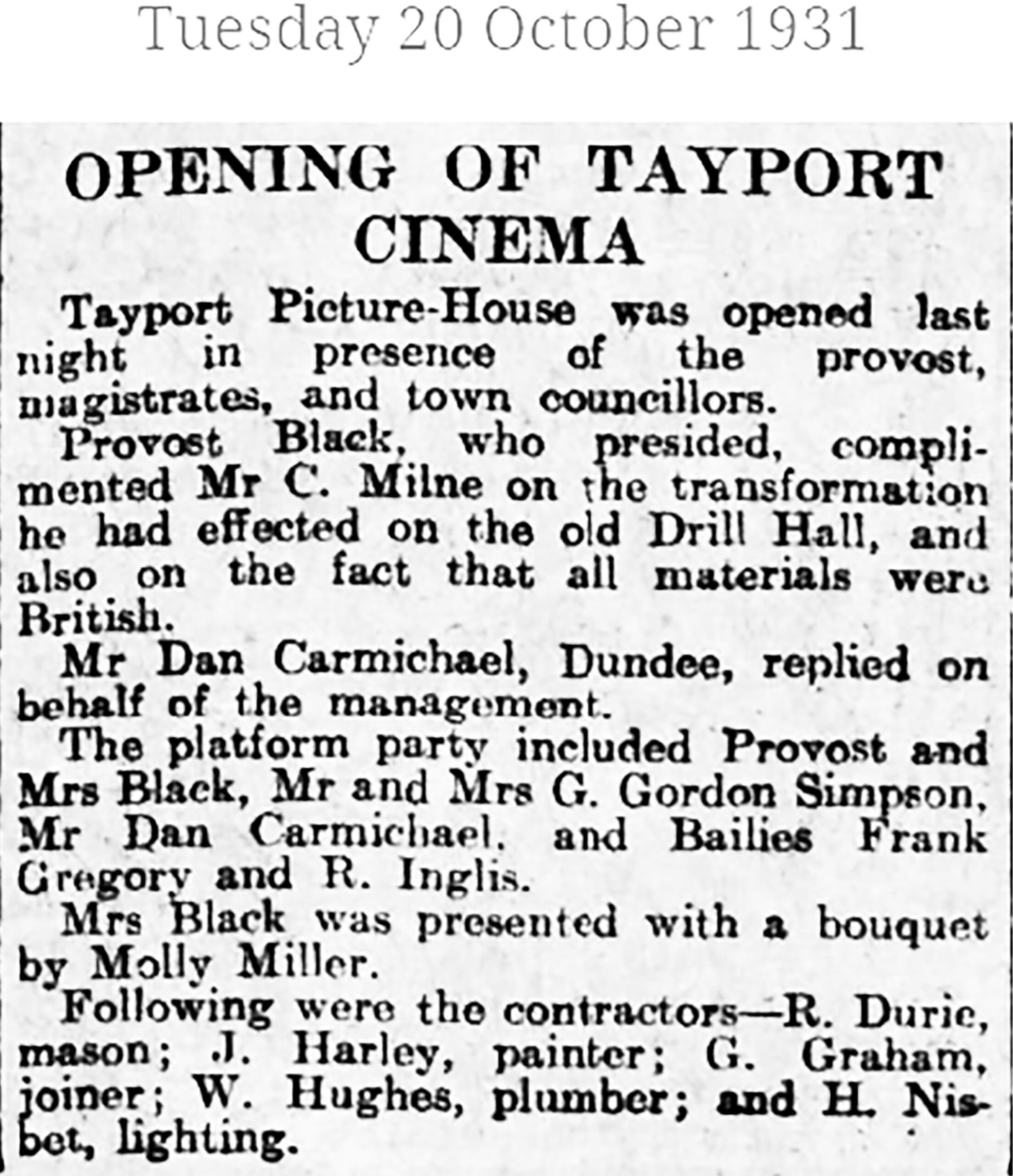 Tayport Heritage Trail - Board 11 - Cinema opening 1931