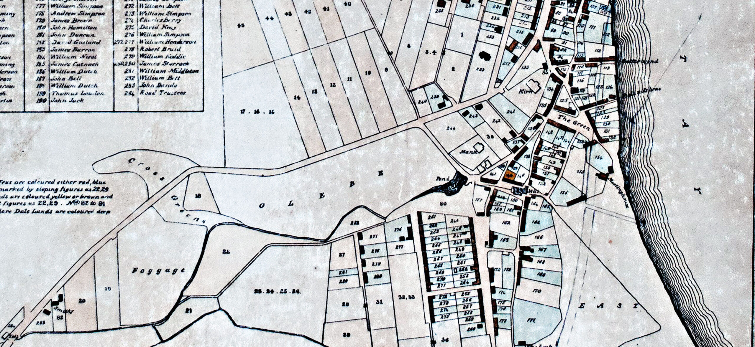 Tayport Heritage Trail - Board 12 - 1830s feu map showing the common land named as Cross Greens