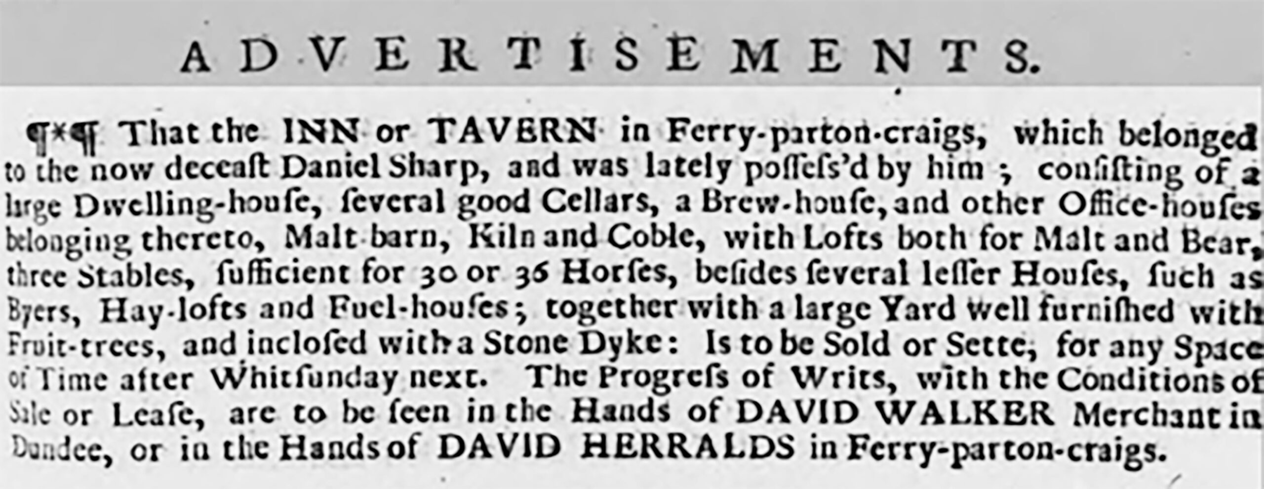 Tayport Heritage Trail - Board 2 - 1725 advert for sale of Inn