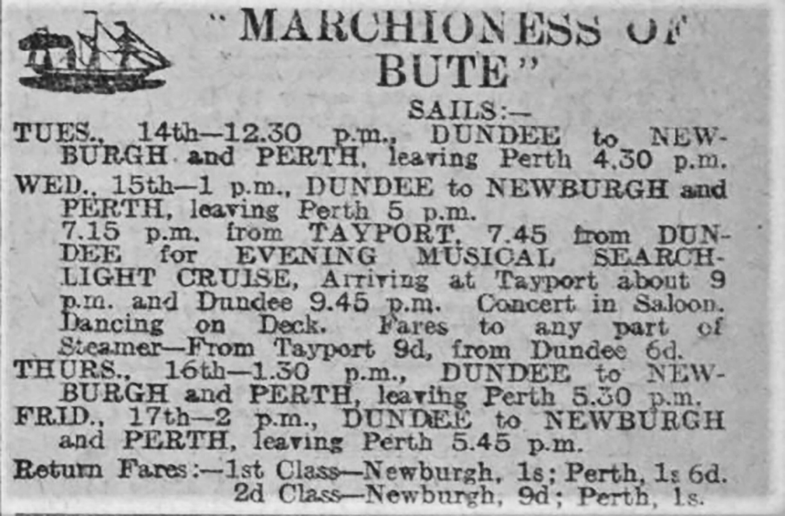 Tayport Heritage Trail - Board 3 - Musical Cruises advertised 1909 for Marchioness of Bute