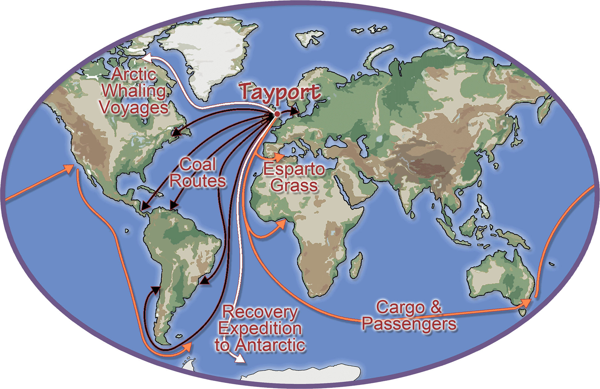 Tayport Heritage Trail - Board 8 - Map of coal exports & ocean journeys of Tayport skippers & vessels