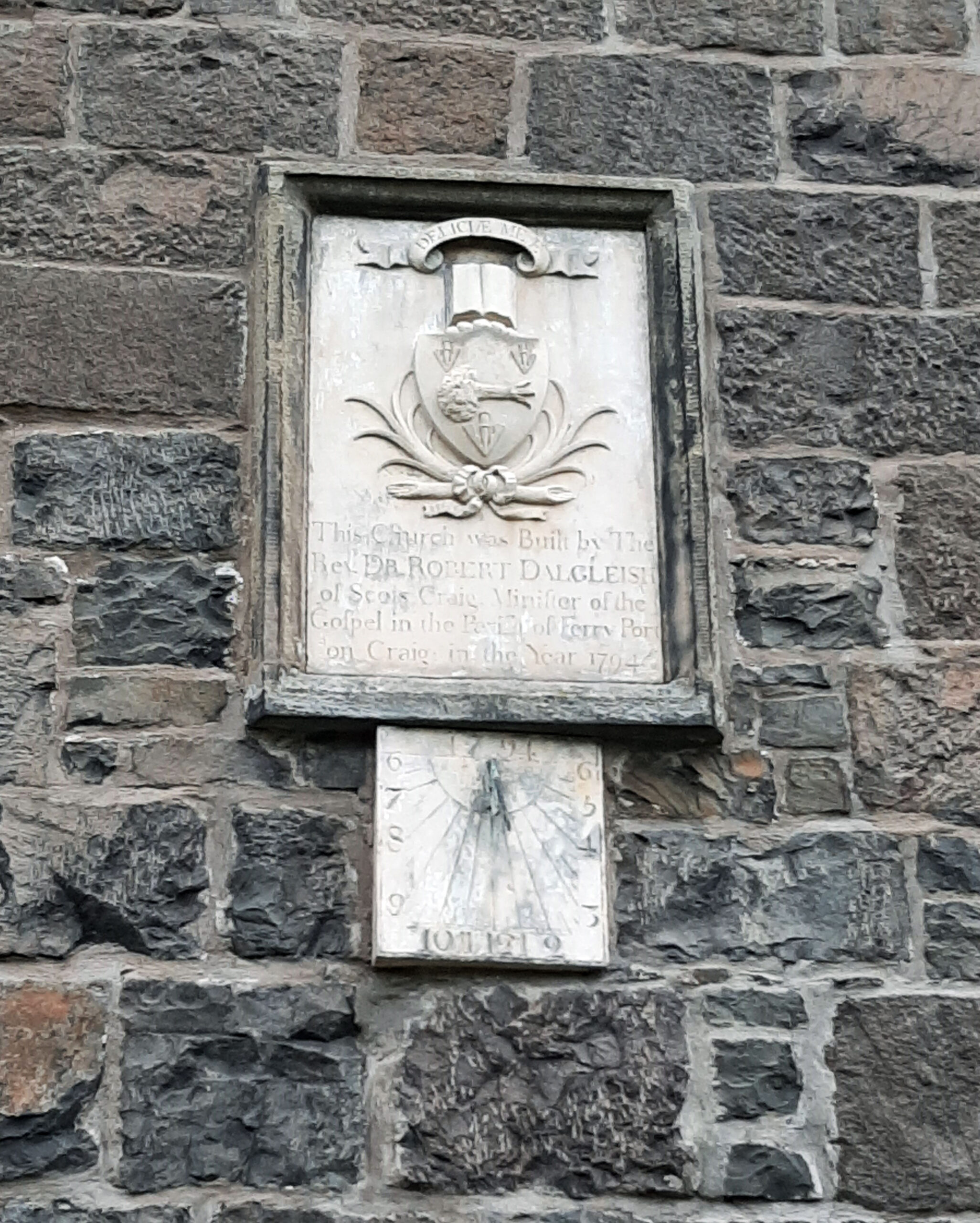Tayport Heritage Trail - Board 23 - Dedication stone from the 1794 building relocated onto organ extension circa 1890s (Rev. Dr. Robert Dalgleish of Scotscraig – minister of parish 1794)