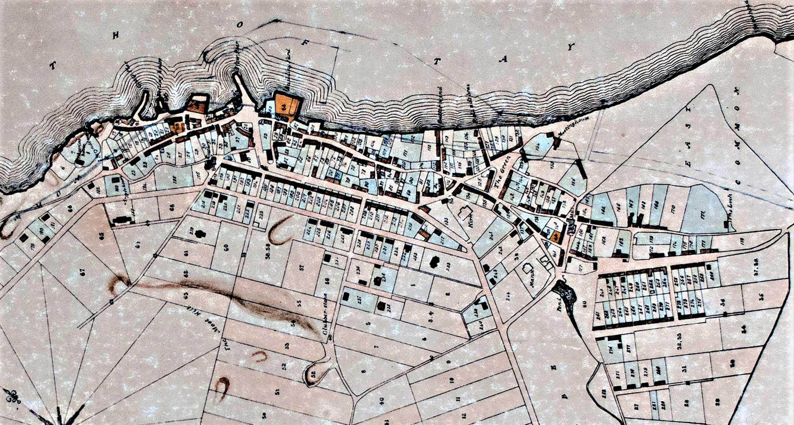 Tayport Heritage Trail - Board 23 - 1830s feu map showing church, surrounding area with pre-railway waterfront prior to 1843 disruption
