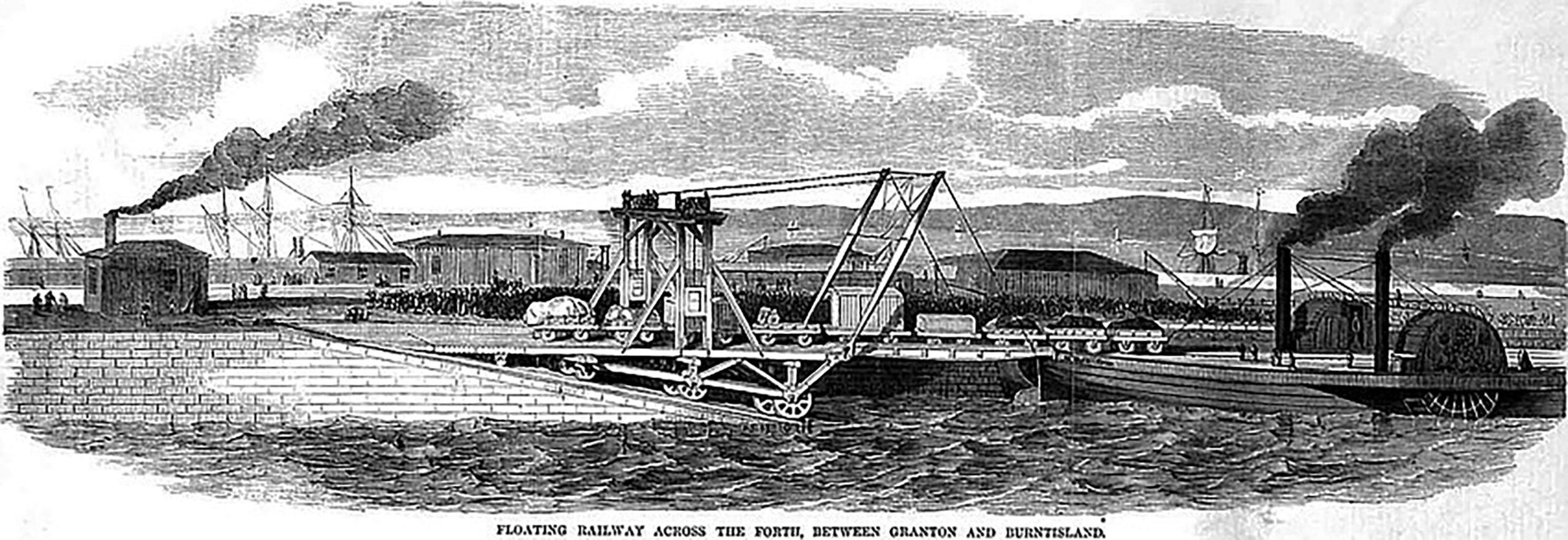 Tayport Heritage Trail - Board 24 - Similar floating railway apparatus for transporting the loaded wagons, operating at the Burntisland crossing on the Forth