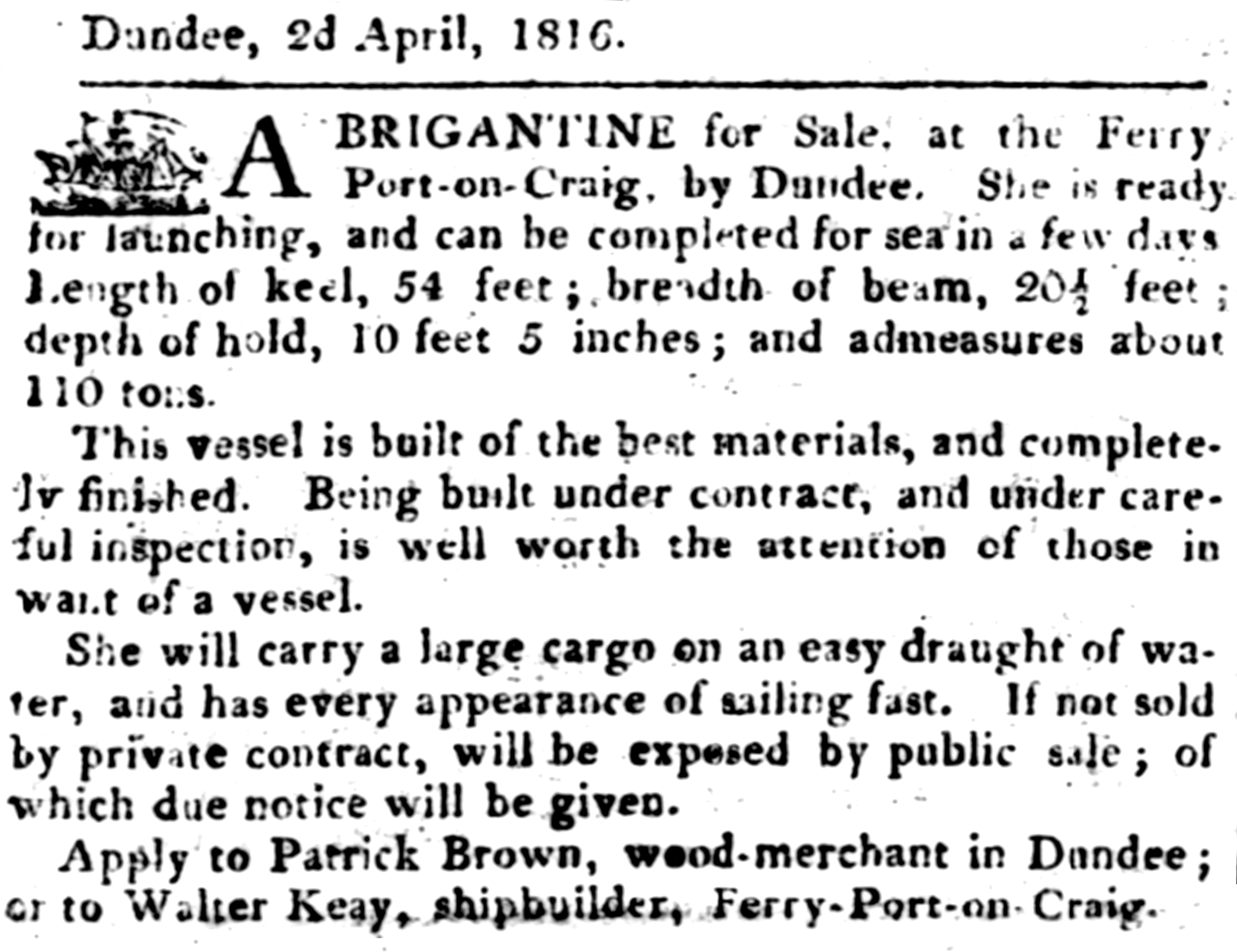 Tayport Heritage Trail - Board 2 - 1816 sale advert of a brigantine