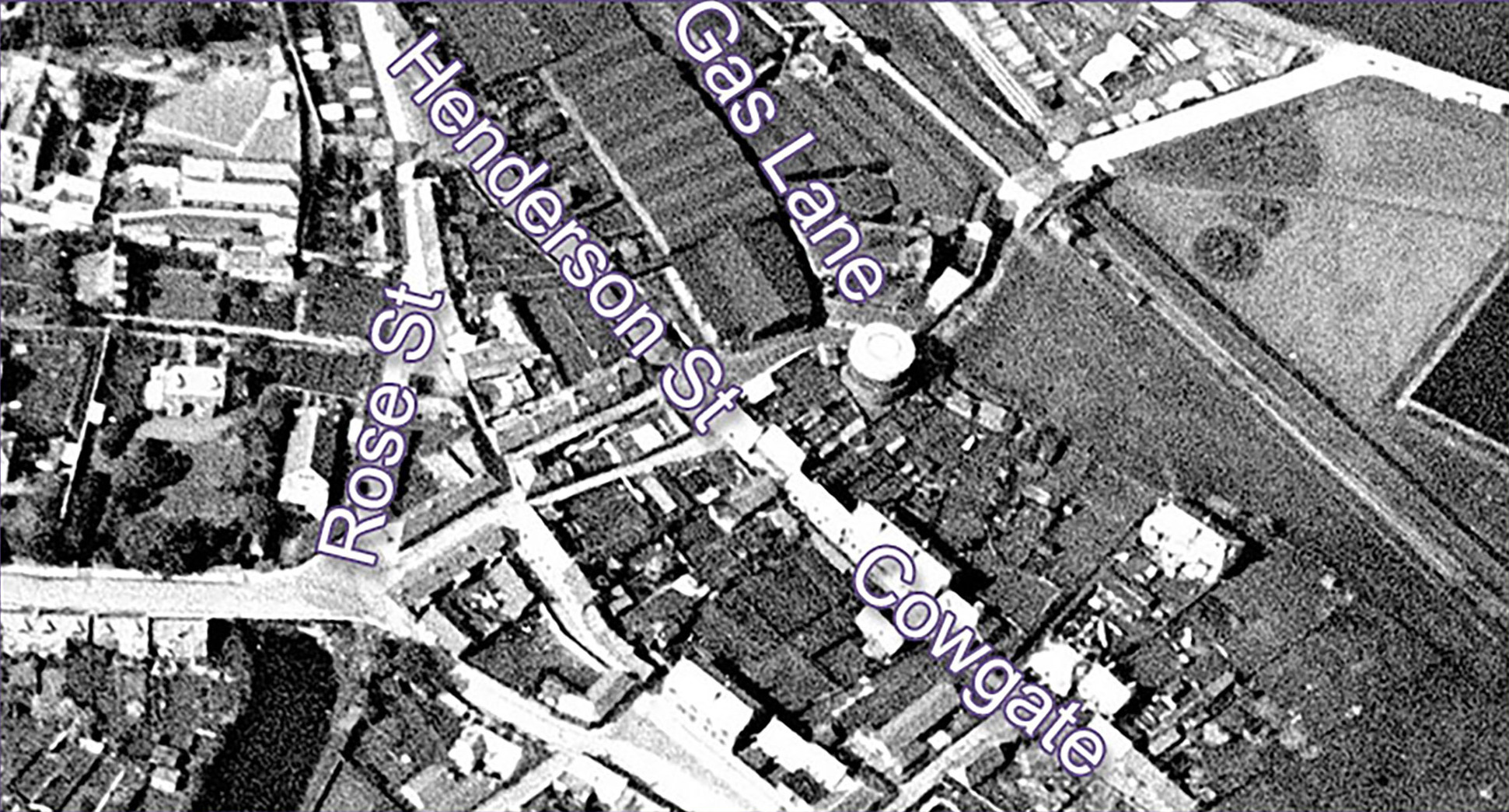 Tayport Heritage Trail - Board 20 - 1940s aerial of Mill Dam area, Donaldson’s Timber Yard, Gas Works & GAS LANE
